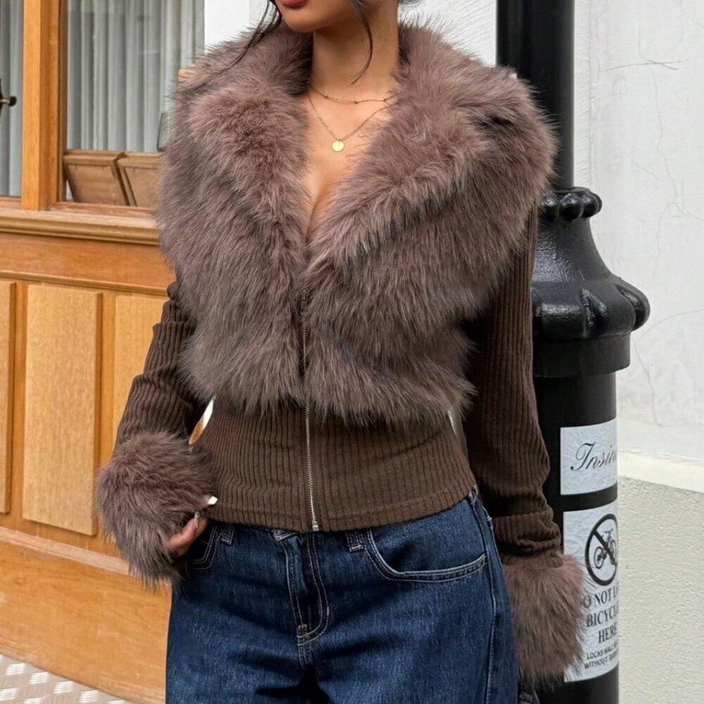Brown Casual Women's  Faux Fur Zipper Long Sleeve sweater top